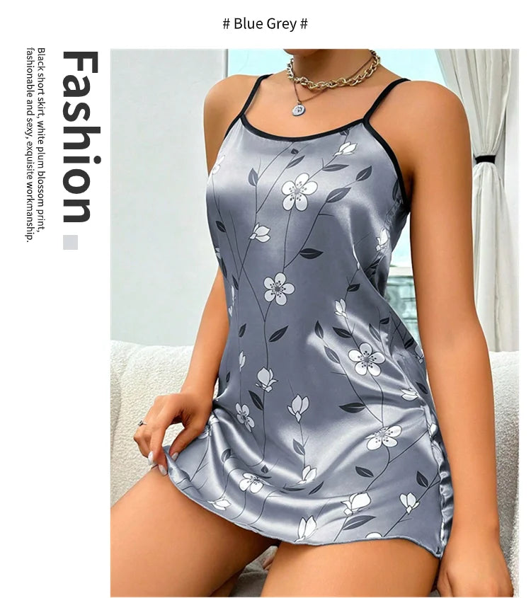 Robe de nuit en satin à imprimé floral pour femme, confortable, bretelles spaghetti, luxueuse, slip
