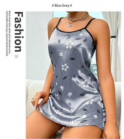 Robe de nuit en satin à imprimé floral pour femme, confortable, bretelles spaghetti, luxueuse, slip
