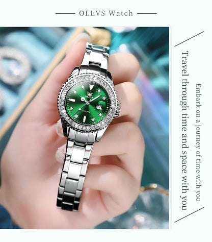 Montre Femme Quartz OLEVS 9945 — Cadran Diamant Lumineux, Acier Inoxydable, Date, 3 ATM