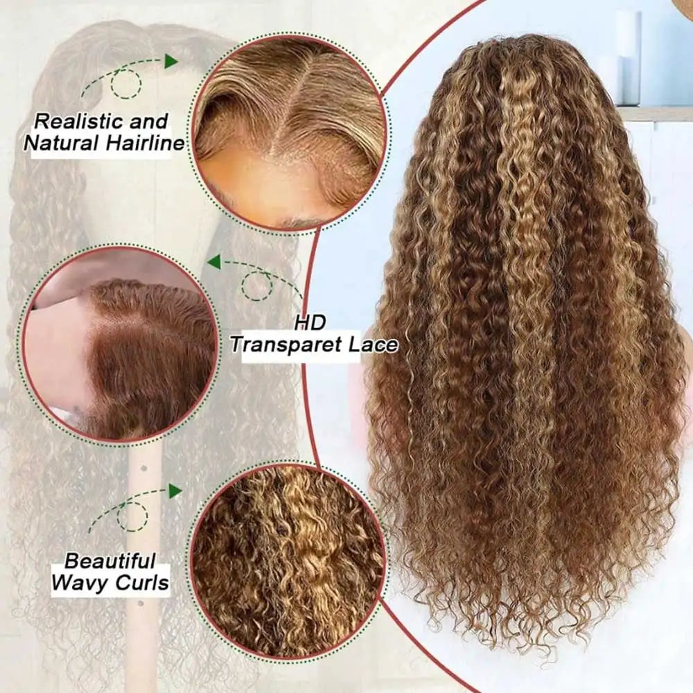Perruque Lace Frontal Wig naturelle bouclée à reflets, cheveux humains, 13x4, sans colle, HD, Deep Wave, 4/27, colorée, pre-plucked