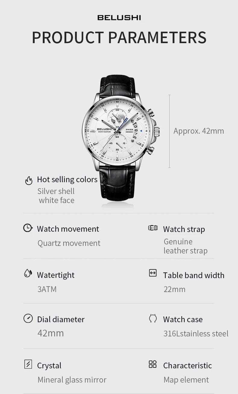 Montre Homme CHENXI B-576 — Chronographe Quartz, Bracelet Cuir, Aiguilles Lumineuses