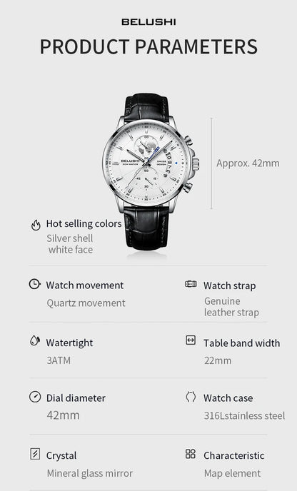 Montre Homme CHENXI B-576 — Chronographe Quartz, Bracelet Cuir, Aiguilles Lumineuses