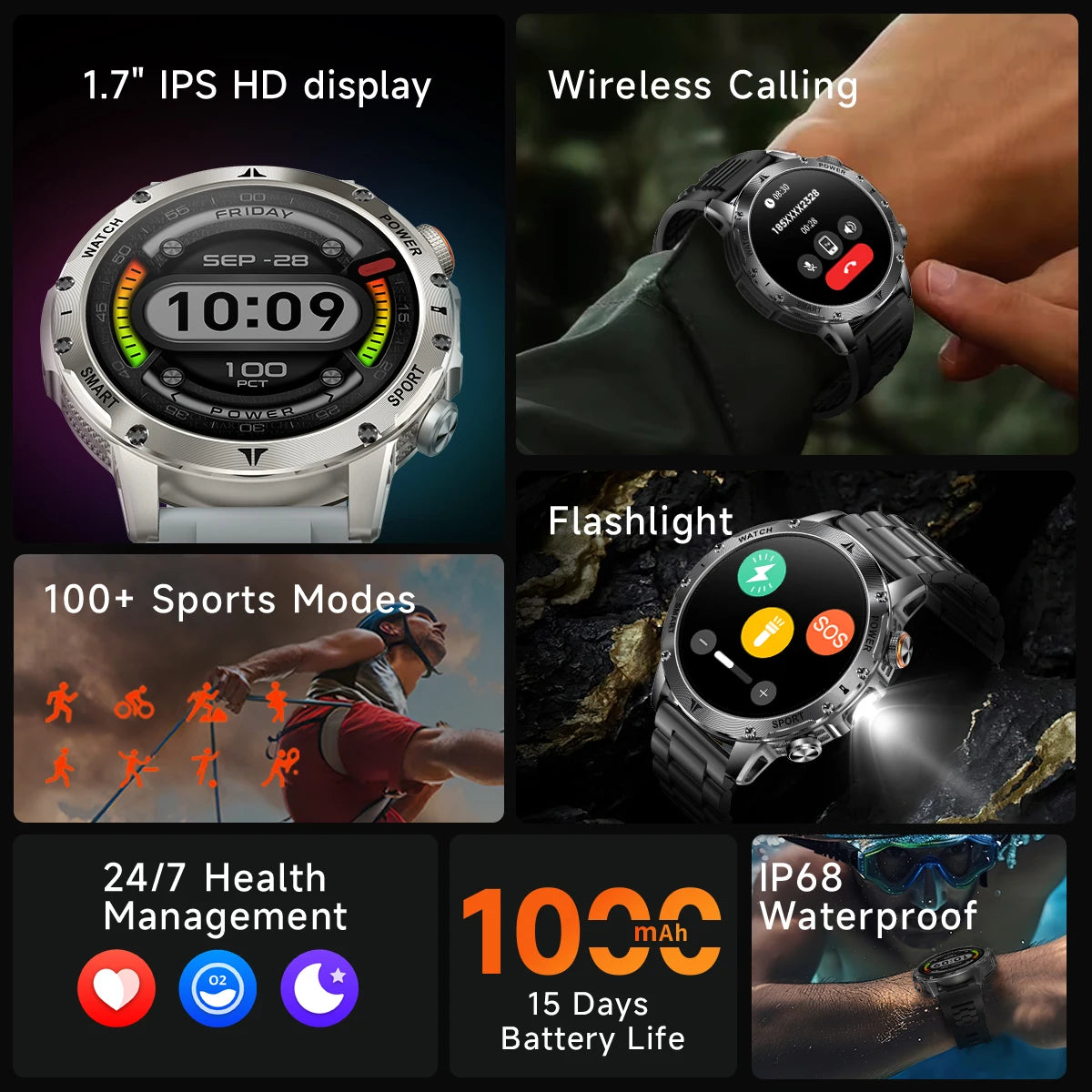 Militaire 1000mAh grande batterie montre intelligente numérique Bluetooth appel sport Smartwatch électronique montres pour homme Android 2026 nouveau