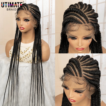 Perruque tressée synthétique pleine dentelle Cornrow Box 34 pouces dentelle frontale Crochet déesse tresses perruque pour les femmes noires africaines