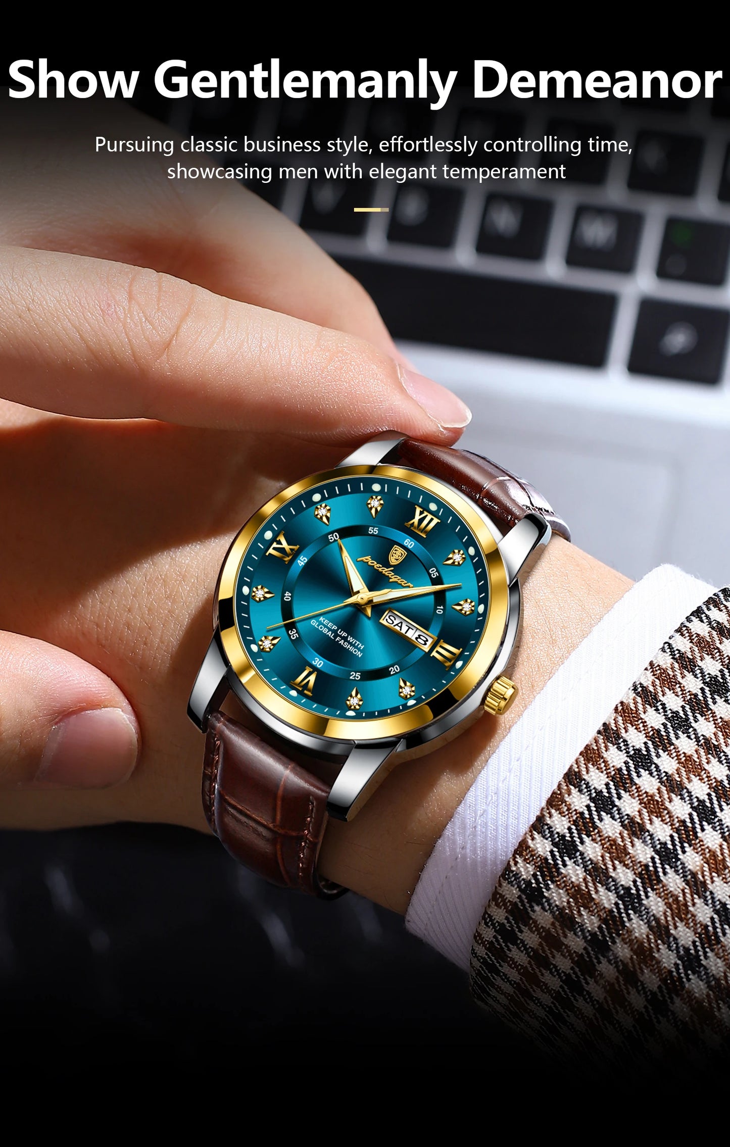 Montre Homme POEDAGAR 936L — Quartz, Bracelet Cuir, Lumineux, Date & Semaine