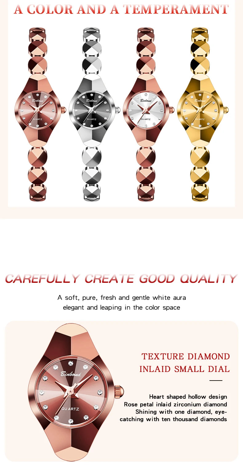Montre Femme Quartz BINBOND N220 — Bracelet Acier Inoxydable, Style Luxe, 3 ATM, 4 Coloris