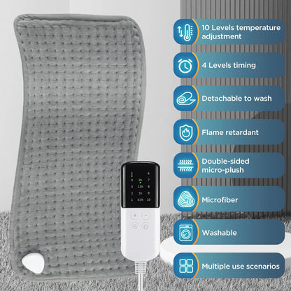 Coussin Chauffant Électrique 60x30cm — 10 Niveaux 30-70°C, Minuterie & Micro-Velours Lavable