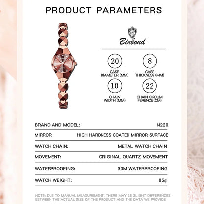 Montre Femme Quartz BINBOND N220 — Bracelet Acier Inoxydable, Style Luxe, 3 ATM, 4 Coloris