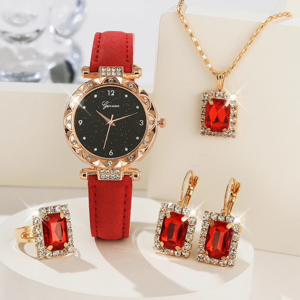 Coffret Bijoux Femme 5 Pièces Strass — Montre Quartz Cuir, Bague, Collier & Boucles d’Oreilles