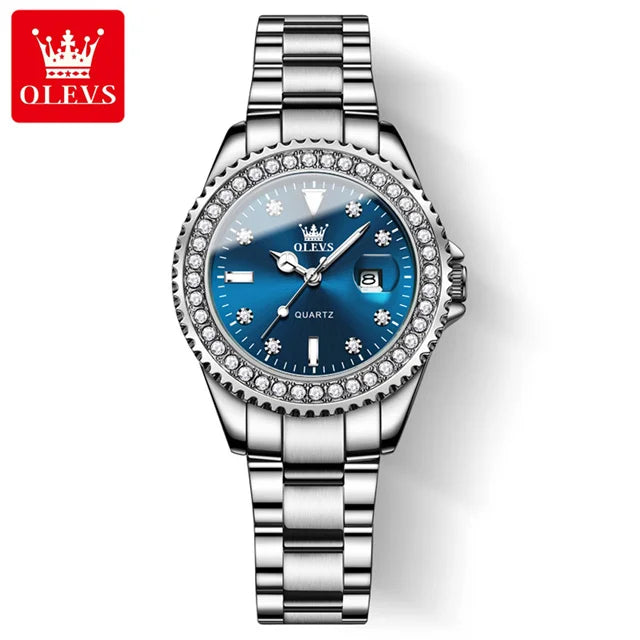 Montre Femme Quartz OLEVS 9945 — Cadran Diamant Lumineux, Acier Inoxydable, Date, 3 ATM