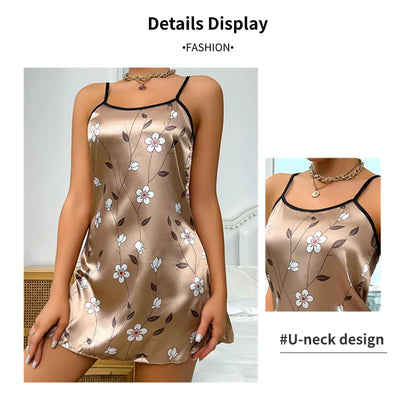 Robe de nuit en satin à imprimé floral pour femme, confortable, bretelles spaghetti, luxueuse, slip