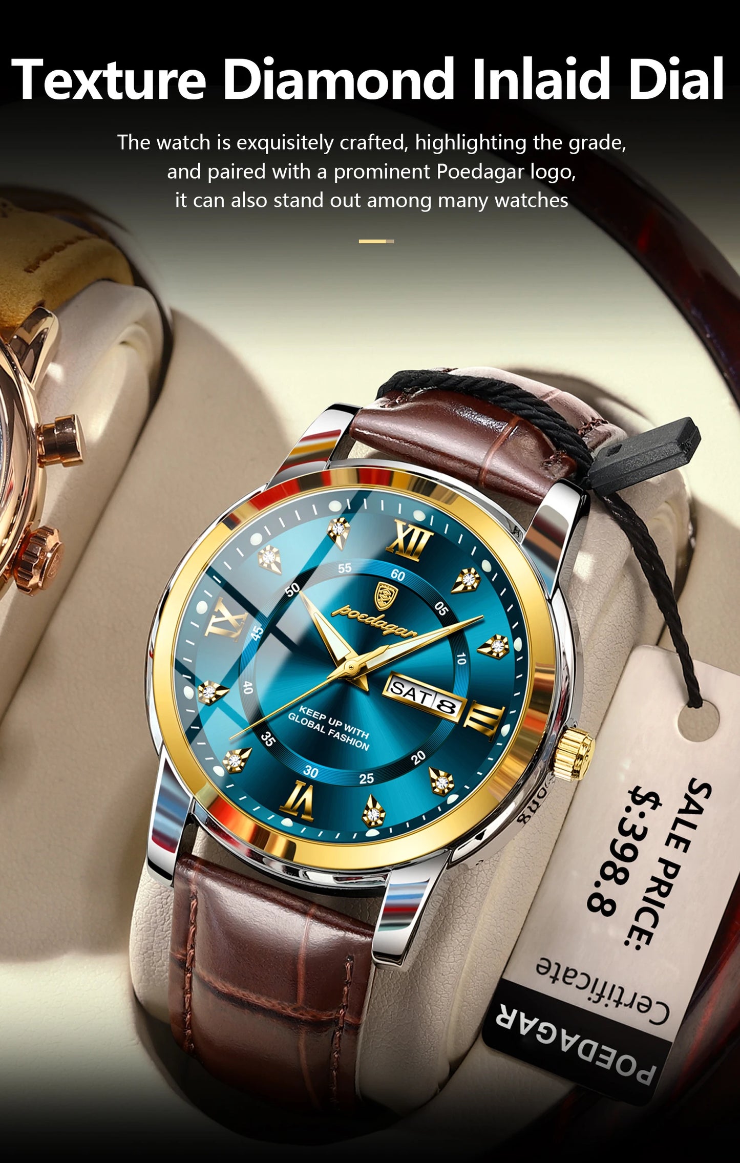 Montre Homme POEDAGAR 936L — Quartz, Bracelet Cuir, Lumineux, Date & Semaine