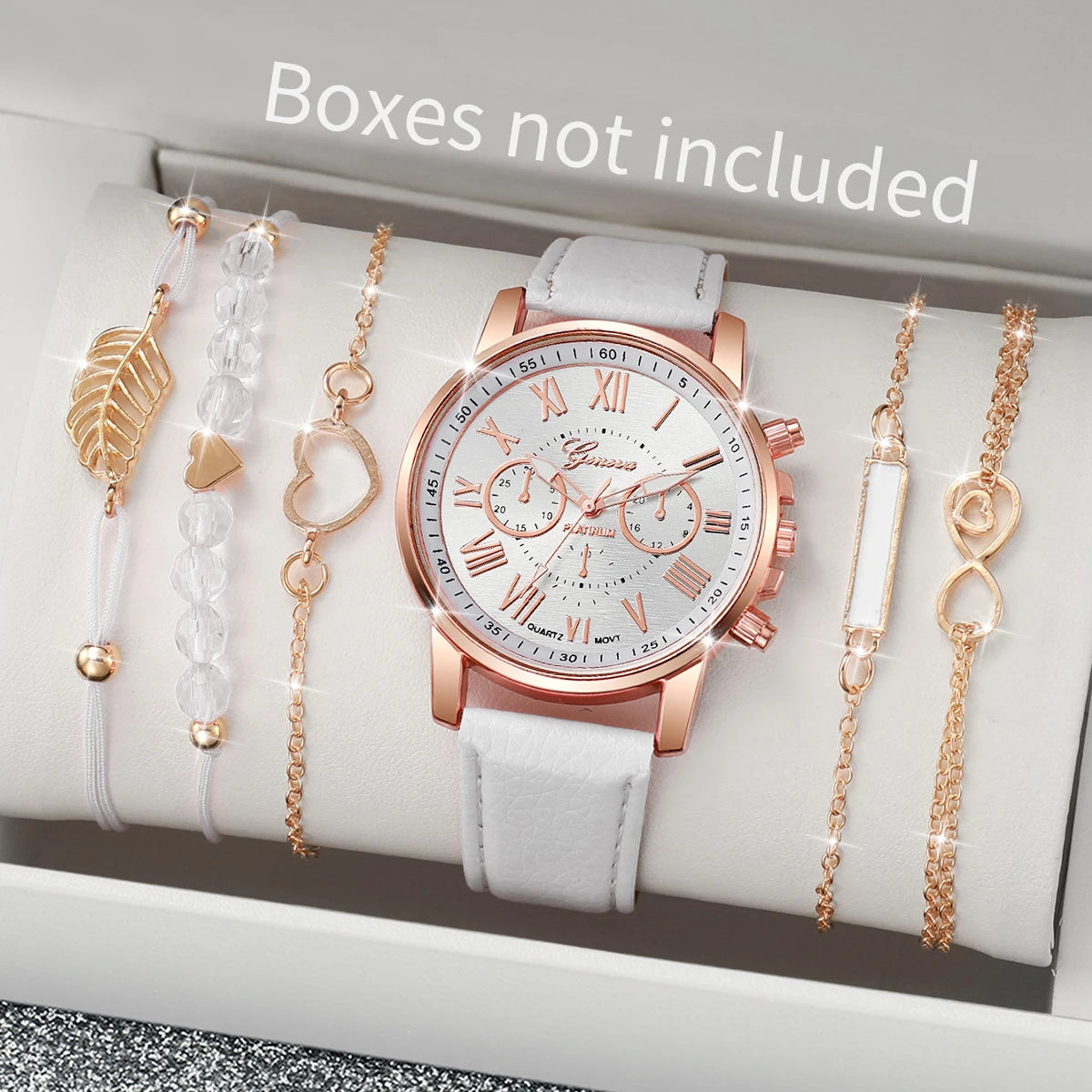 Coffret 6 Pièces Femme Style Roma — Montre Quartz Chiffres Romains 42mm + 5 Bracelets Cuir Interchangeables