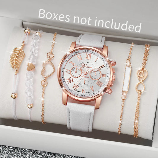 Coffret 6 Pièces Femme Style Roma — Montre Quartz Chiffres Romains 42mm + 5 Bracelets Cuir Interchangeables