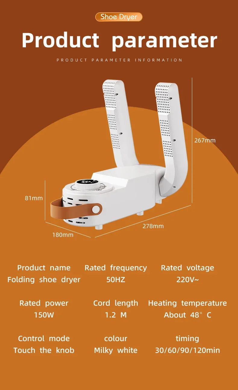 Sèche-Chaussures Intelligent 150W — Minuterie, Séchage Rapide, Désodorisant & Stérilisant