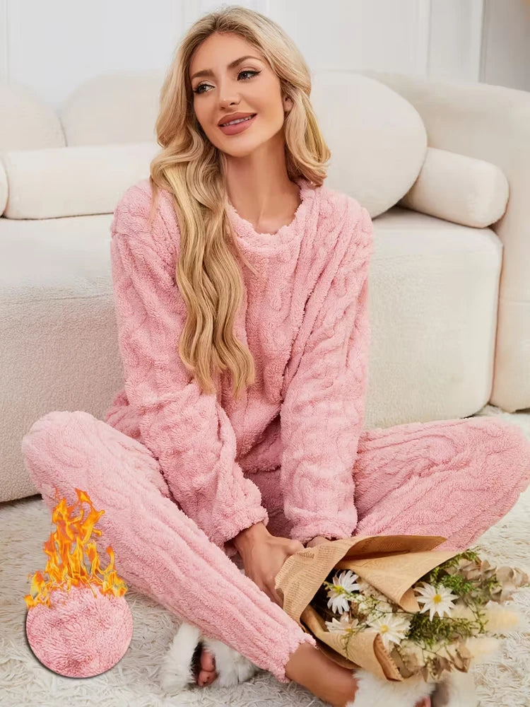 Ensemble Pyjama Flanelle Polaire Femme — Haut Col Rond & Pantalon Chaud
