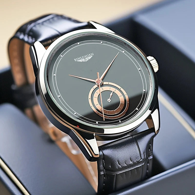 Montre Homme Quartz BEE SHIRLEY — Bracelet Cuir Noir, Cadran Minimaliste 40mm, Style Luxe Robe