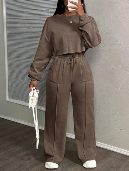 Ensemble deux pièces décontracté pour femme : Sweat-shirt ample à taille haute et pantalon droit – Collection Printemps-Automne