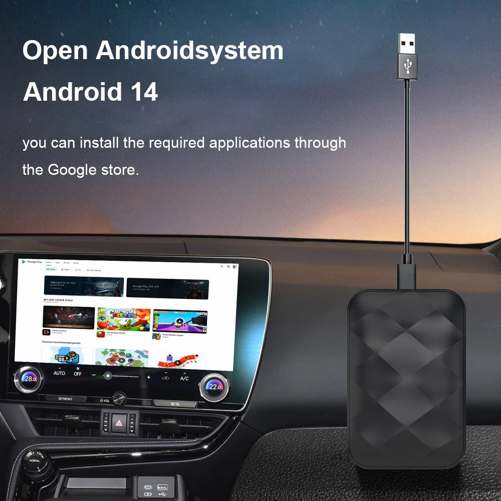 XUDA Android14 sans fil CarPlay/Android Auto 3in1 nouveau CarPlay Ai Box 4 cœurs 4GB RAM + 64GB ROM Plug and Play Transmission Stable