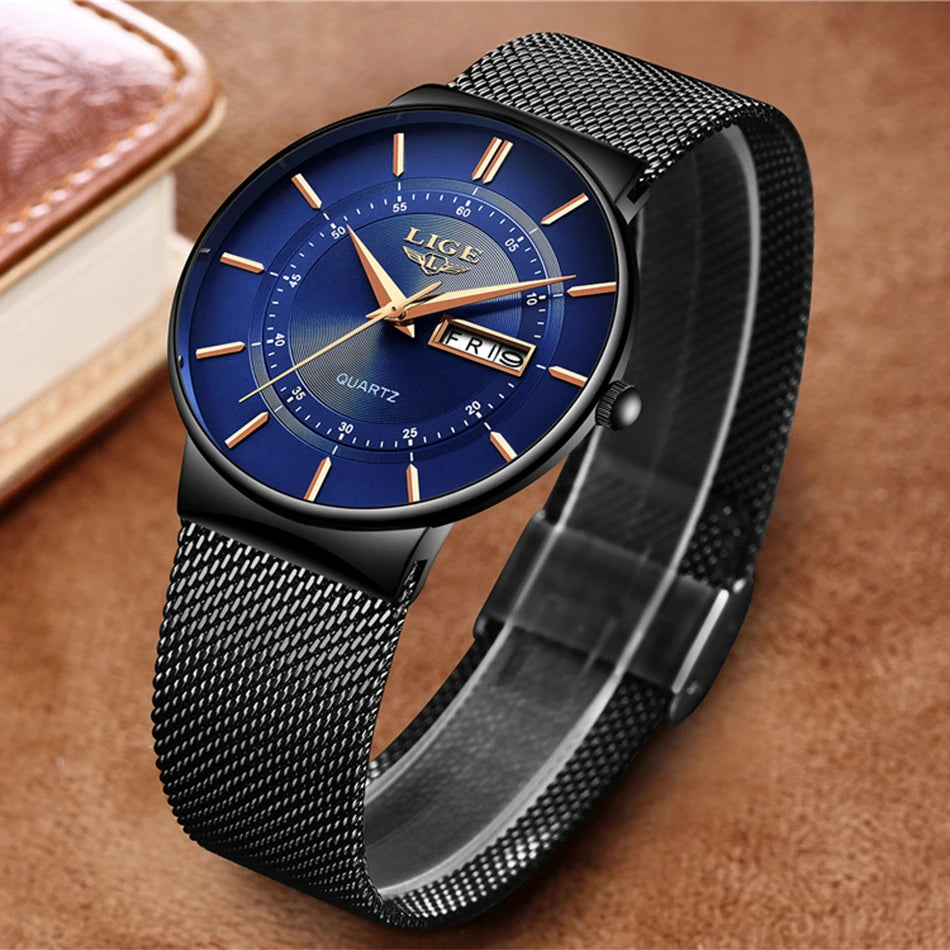 Montre Homme LIGE 9949 — Quartz Ultra-Fine, Bracelet Acier Inox, Date & Semaine, 3 ATM