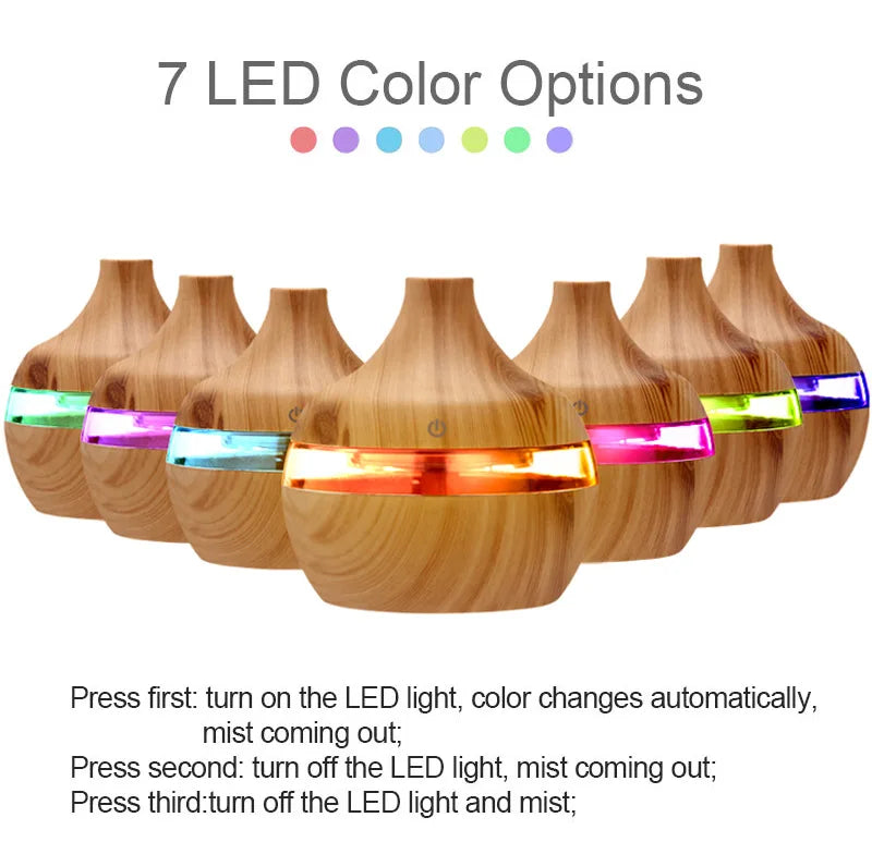 Humidificateur Ultrasonique 300ml Design Bois — LED 7 Couleurs, Commande Tactile & USB 5V