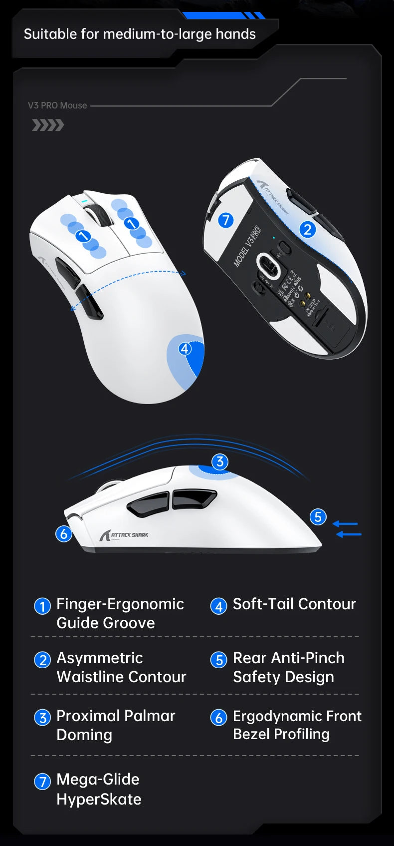 Souris de jeu sans fil Attack Shark V3 PRO, tri-mode 2.4G/BT/filaire, ultra-légère, PAW3311, 26000 DPI
