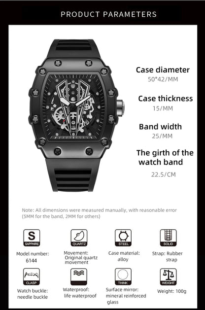 Montre Homme Quartz WLISTH — Cadran Squelette, Bracelet Silicone, 3 ATM, Style Sport Luxe