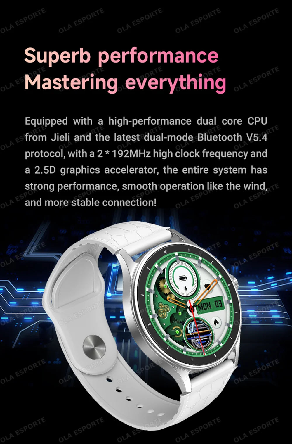 Montre Connectée Ola Esporte — OLED 1,44", BT 5.2, Suivi Santé Complet, Appels Bluetooth, Assistant Vocal, 5 Jours, 7 Styles | TechNova X
