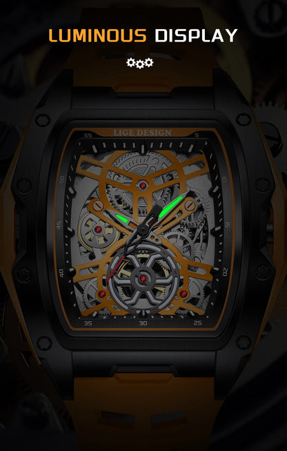 Montre Mécanique Automatique Homme LIGE — Squelette Tourbillon, Boîtier Carré, Étanche 3 ATM, 4 Coloris | TechNova X