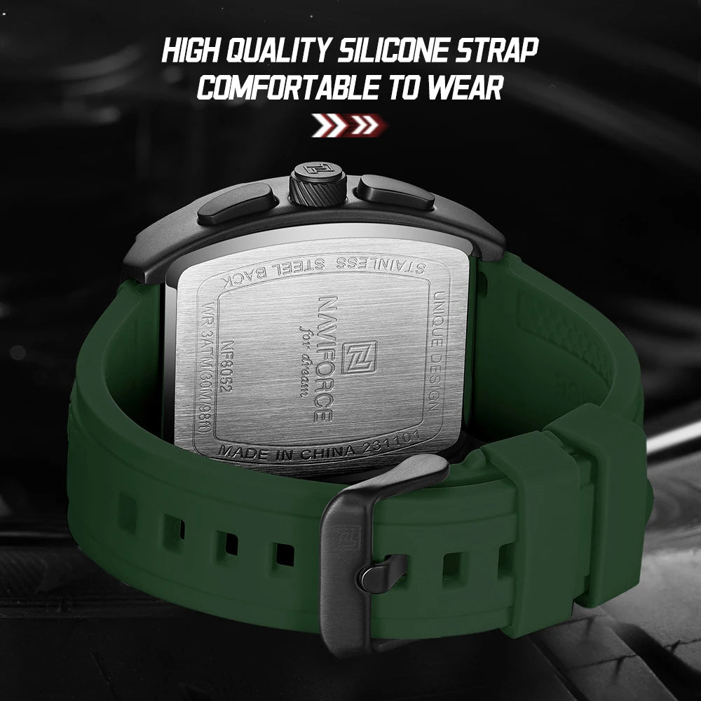Montre Quartz Sport Homme NAVIFORCE NF8052 — Grand Cadran 44 mm, Chronographe, Aiguilles Lumineuses, Bracelet Silicone, 13 Coloris | TechNova X