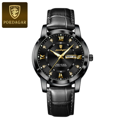 Montre Homme POEDAGAR 936L — Quartz, Bracelet Cuir, Lumineux, Date & Semaine