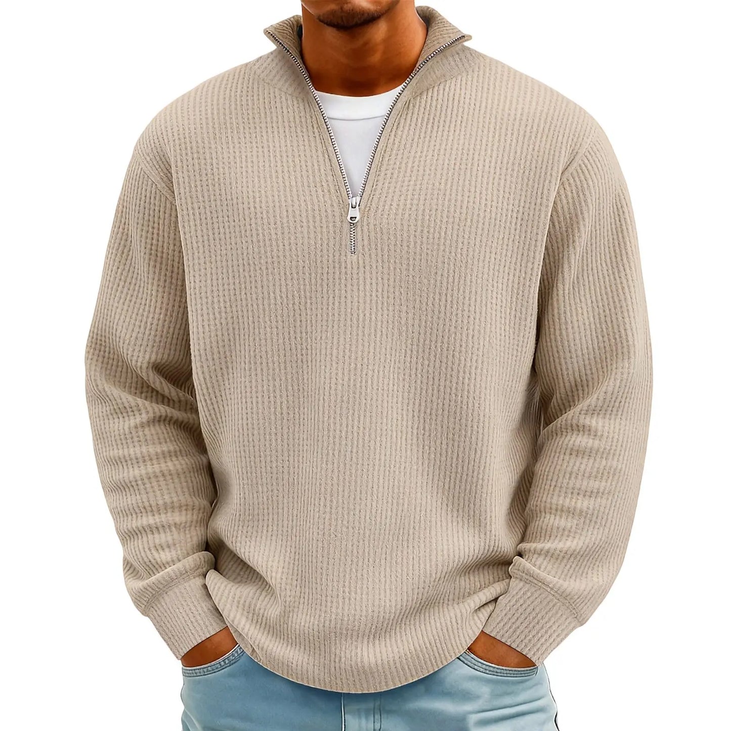Sweat Col Polo Homme — Manches Longues, Fermeture Éclair, Coupe Ample | Automne-Hiver