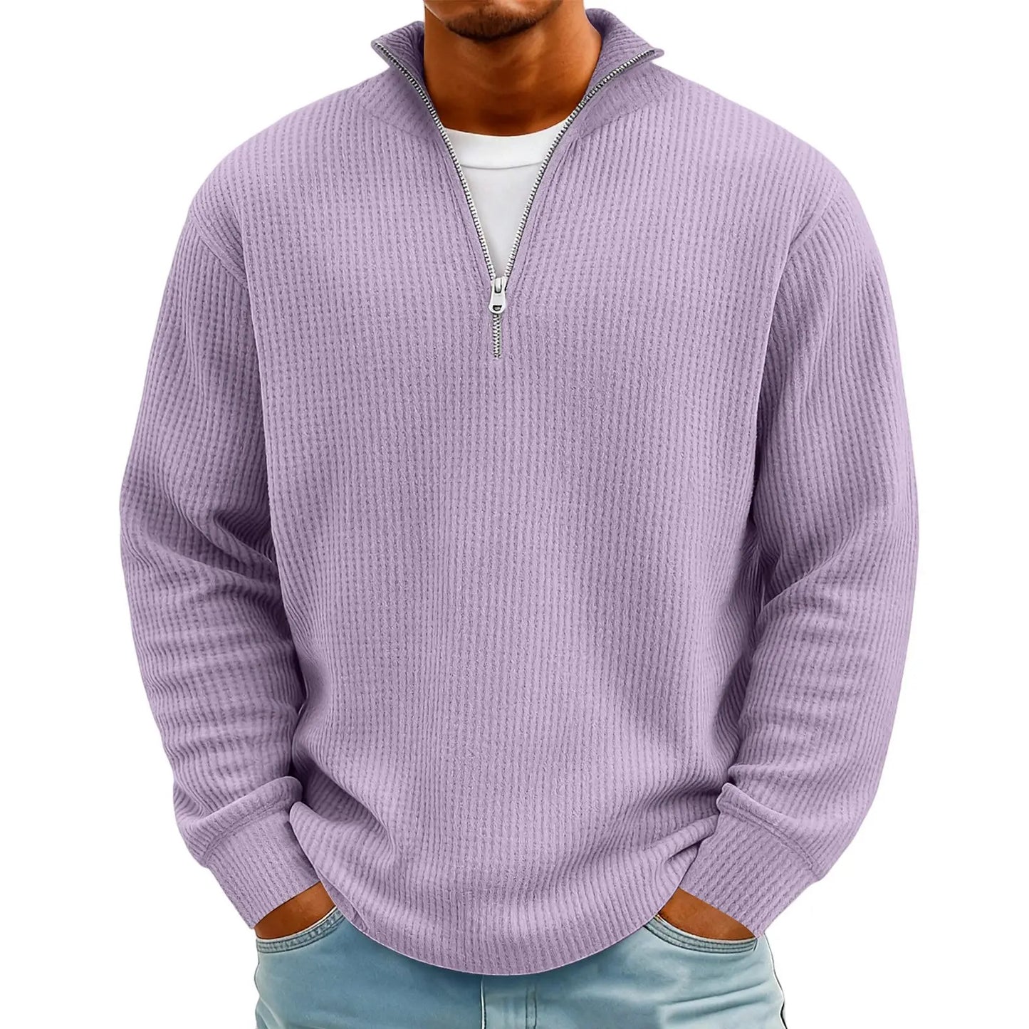 Sweat Col Polo Homme — Manches Longues, Fermeture Éclair, Coupe Ample | Automne-Hiver