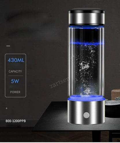 Bouteille Eau Hydrogène 430ml — Ioniseur Alcalin, Filtration 5 Étapes & Rechargeable USB