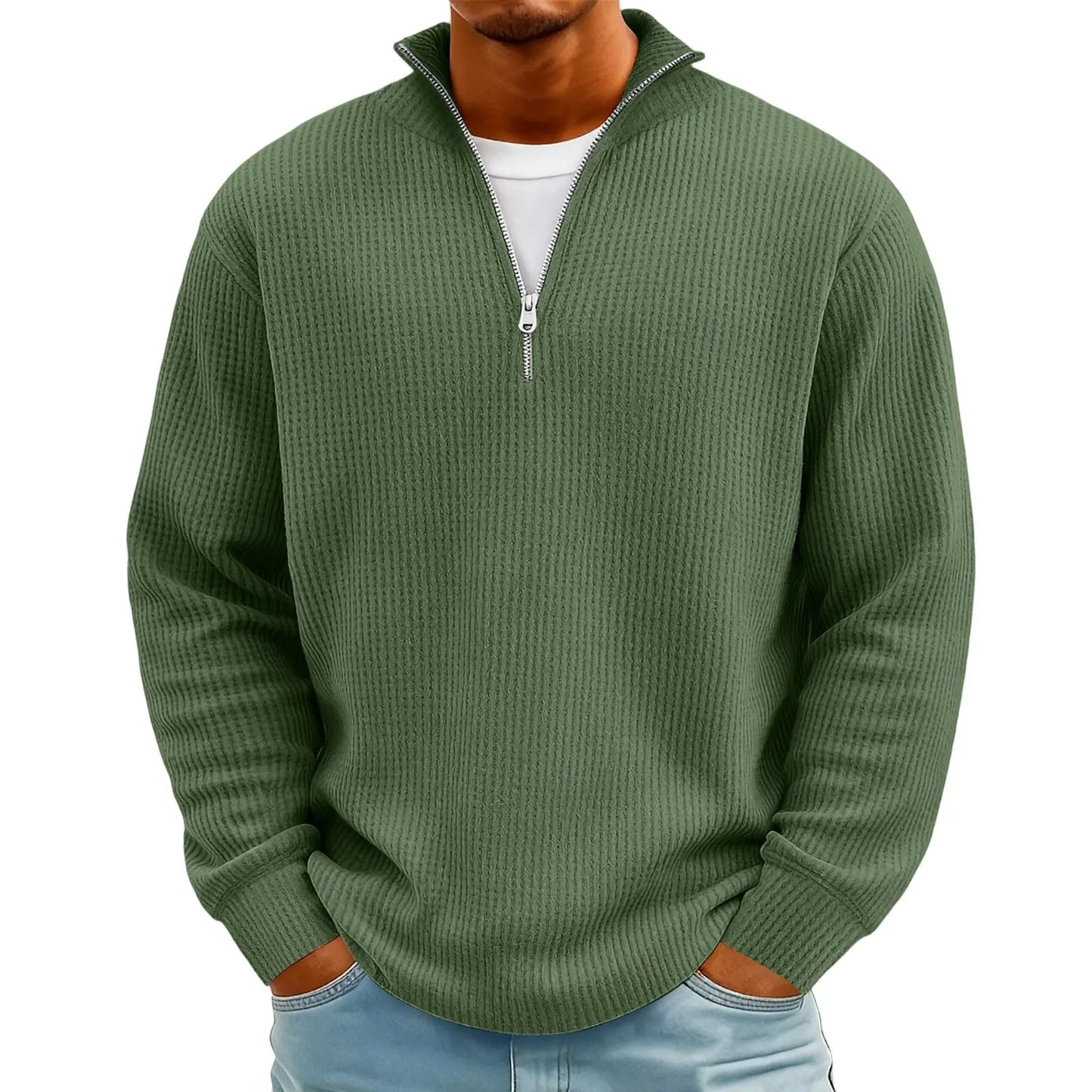 Sweat Col Polo Homme — Manches Longues, Fermeture Éclair, Coupe Ample | Automne-Hiver