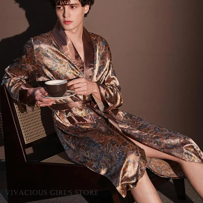 Kimono Peignoir Satin Imprimé Homme — Robe de Chambre avec Poches, Col en V
