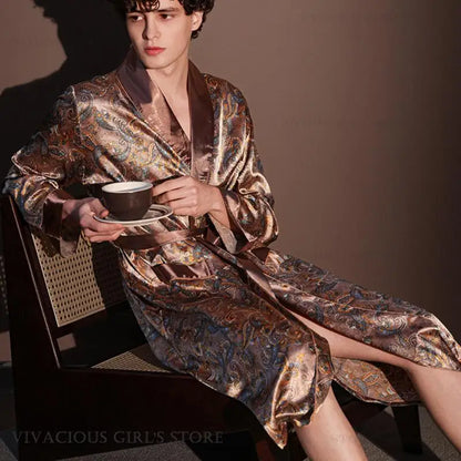 Kimono Peignoir Satin Imprimé Homme — Robe de Chambre avec Poches, Col en V