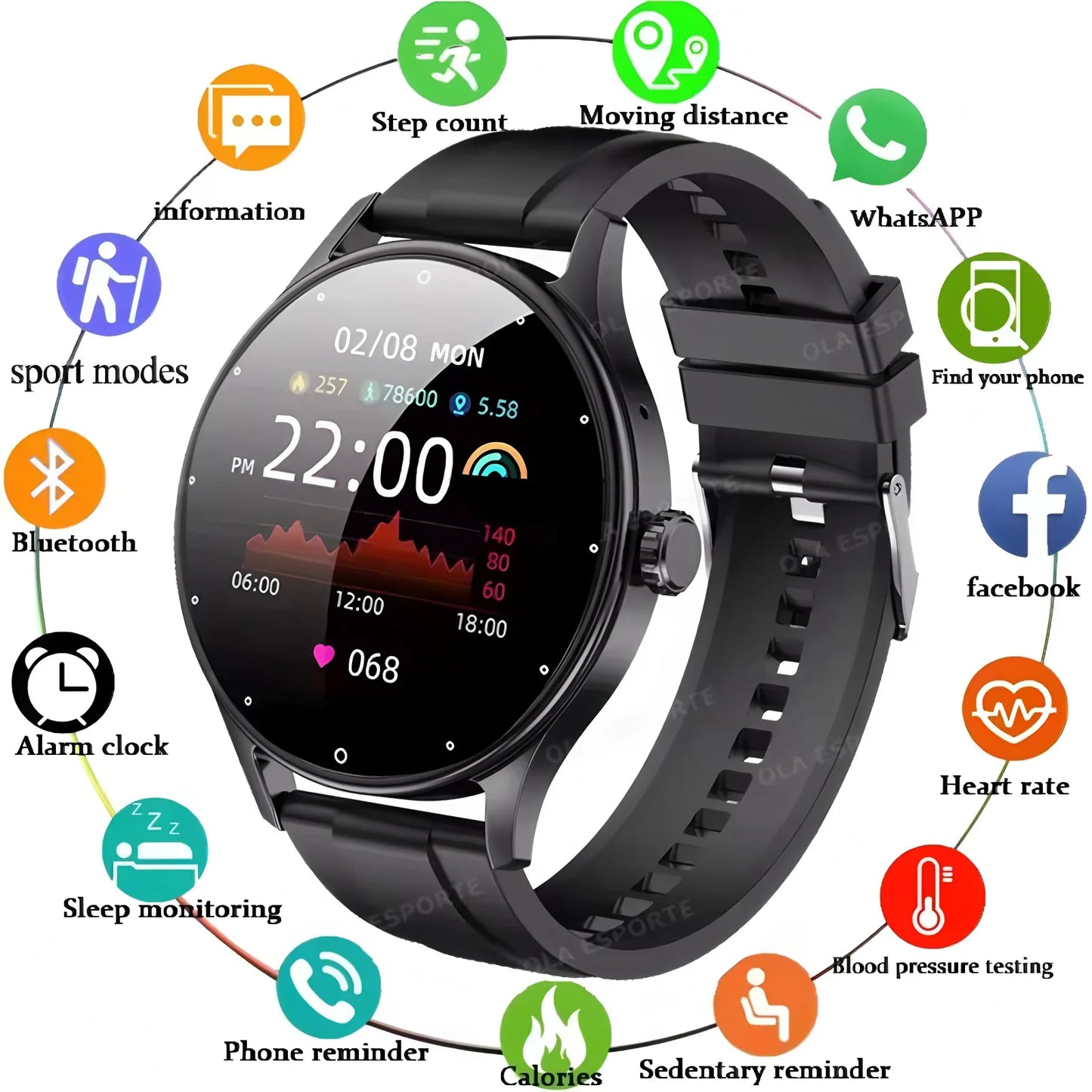 Montre Connectée Ola Esporte — OLED 1,44", BT 5.2, Suivi Santé Complet, Appels Bluetooth, Assistant Vocal, 5 Jours, 7 Styles | TechNova X