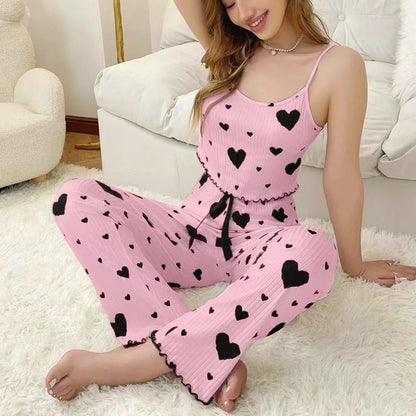 Ensemble deux pièces en soie glacée côtelée pour femmes, gilet imprimé Sexy et pantalon Long avec décoration de nœud, ensemble de vêtements de nuit décontractés pour la maison