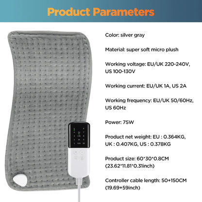 Coussin Chauffant Électrique 60x30cm — 10 Niveaux 30-70°C, Minuterie & Micro-Velours Lavable