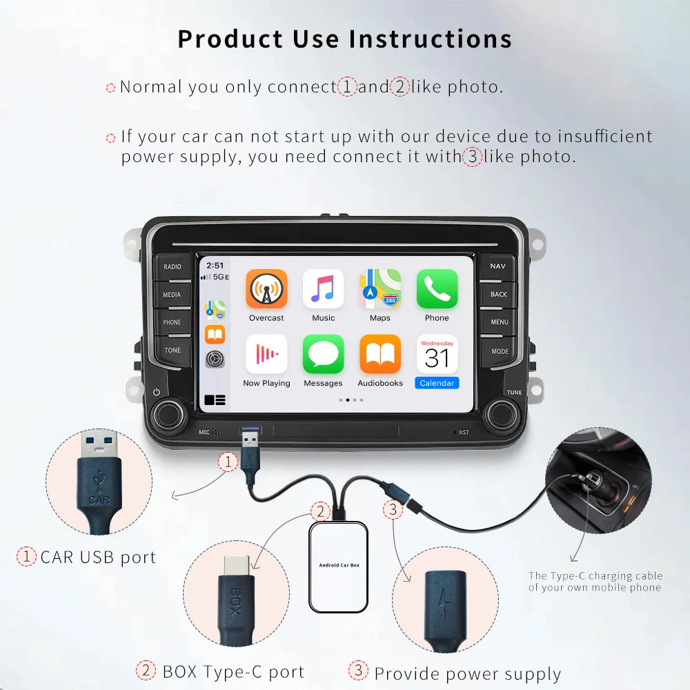 XUDA Android14 sans fil CarPlay/Android Auto 3in1 nouveau CarPlay Ai Box 4 cœurs 4GB RAM + 64GB ROM Plug and Play Transmission Stable