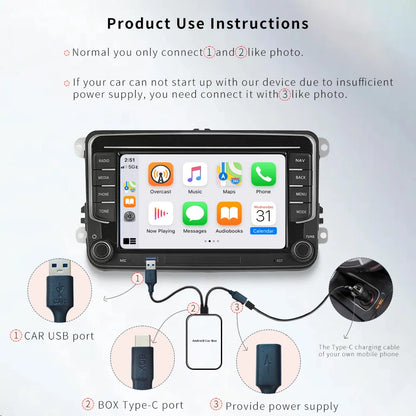 XUDA Android14 sans fil CarPlay/Android Auto 3in1 nouveau CarPlay Ai Box 4 cœurs 4GB RAM + 64GB ROM Plug and Play Transmission Stable