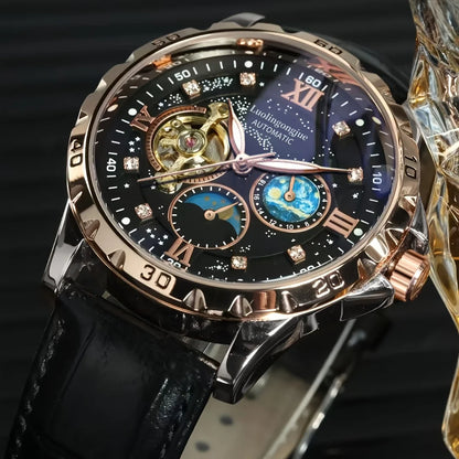 Montre Mécanique Automatique BLUO — Cadran Ciel Étoilé Lumineux, Chiffres Romains, Style Business