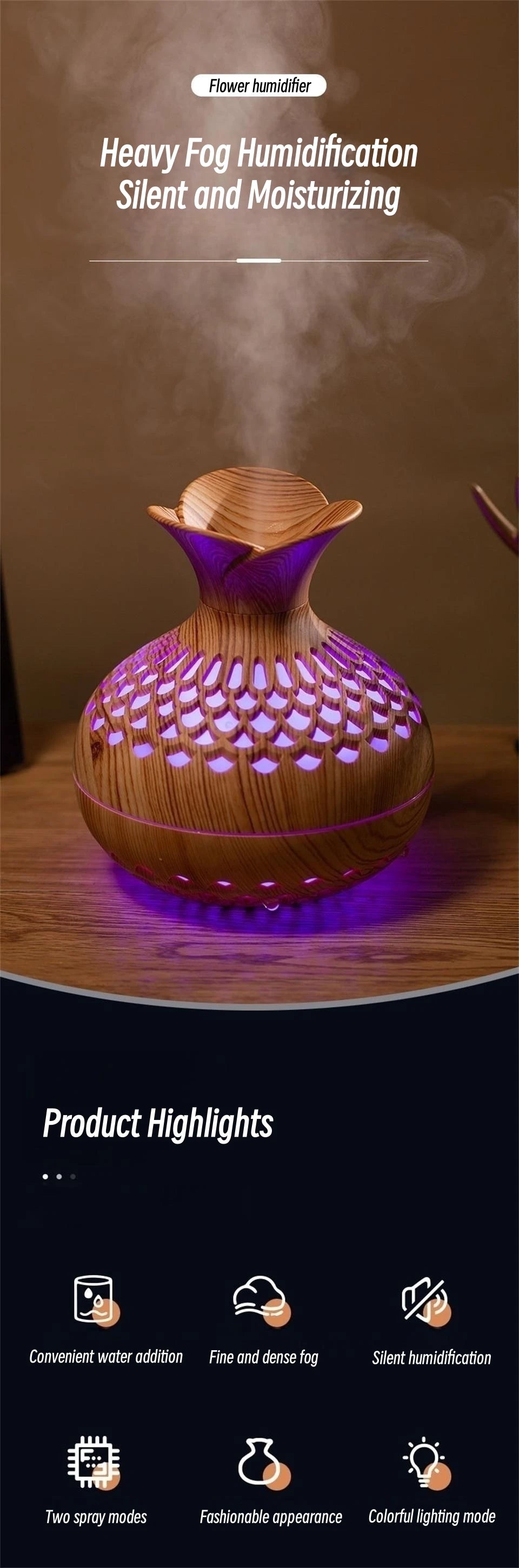 Humidificateur Design Bois 300ml — LED Multicolore, 2 Modes de Brume & USB Type-C