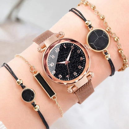 Montre Quartz Femme MOONBIFFY — Cadran Ciel Étoilé 36 mm, Bracelet Maille Alliage, Chiffres Arabes, 5 Styles | TechNova X