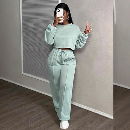 Ensemble deux pièces décontracté pour femme : Sweat-shirt ample à taille haute et pantalon droit – Collection Printemps-Automne
