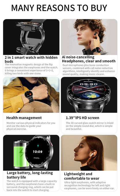 Montre Connectée 2-en-1 avec Écouteurs TWS Intégrés — Écran 1,39", IP67, BT 5.0, Suivi Santé Complet, 3 Coloris | TechNova X