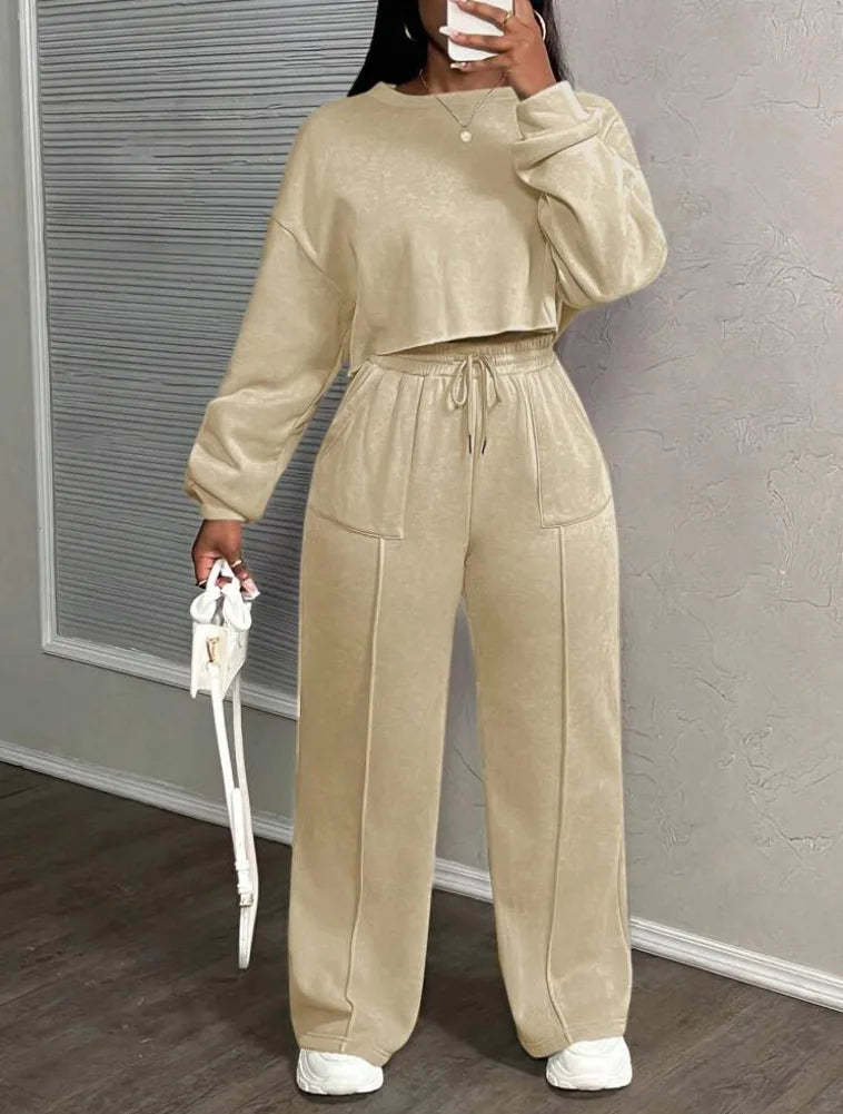 Ensemble deux pièces décontracté pour femme : Sweat-shirt ample à taille haute et pantalon droit – Collection Printemps-Automne