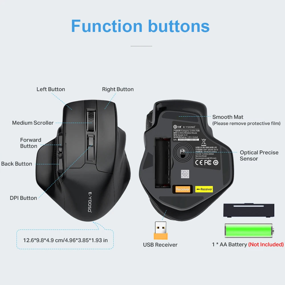 E-YOOSO X-31 USB 2.4G souris de jeu sans fil grande pour grandes mains PAW3212 4800 DPI 5 boutons pour souris gamer ordinateur portable PC
