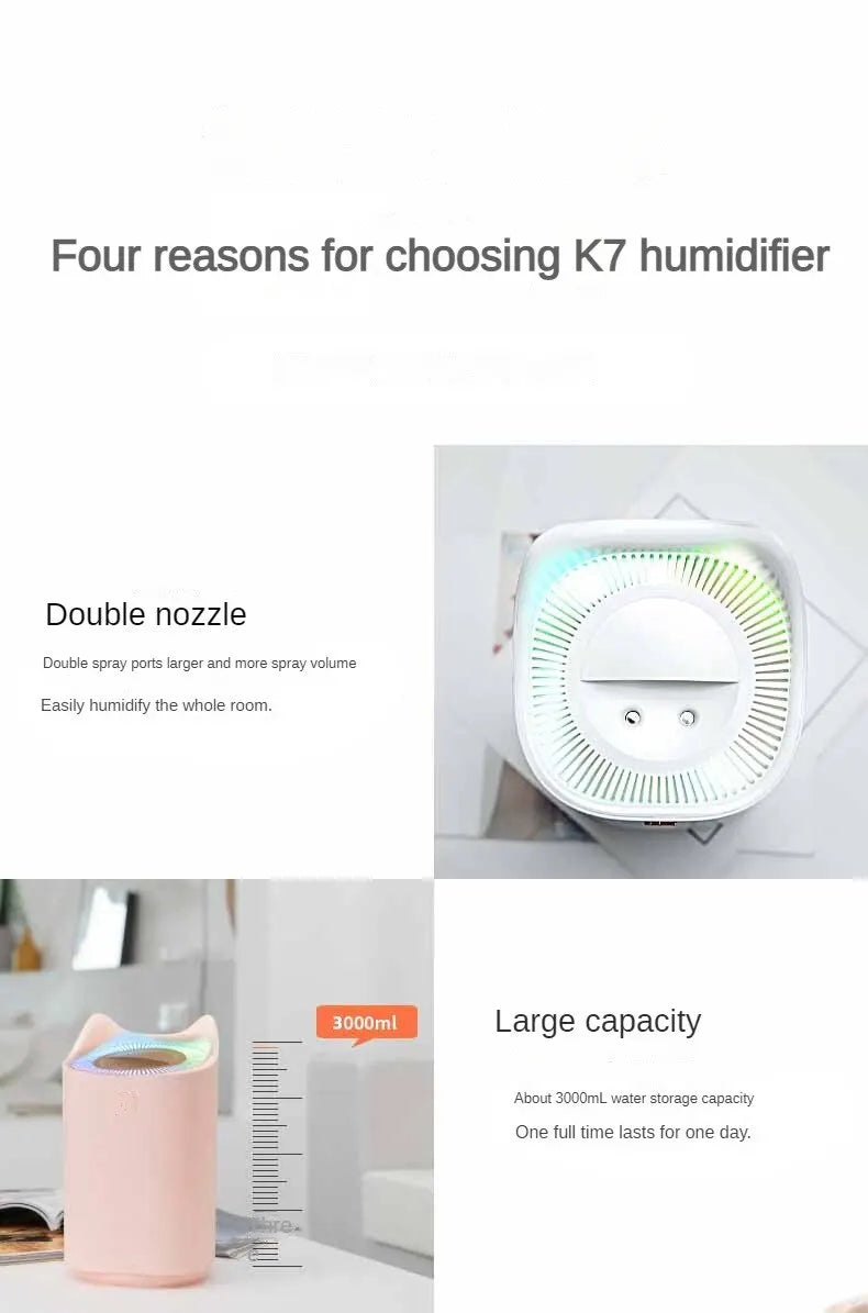 Humidificateur Double Buse 3000ml — Aromathérapie Ultrasonique, LED Ambiance & Multi-Vitesses